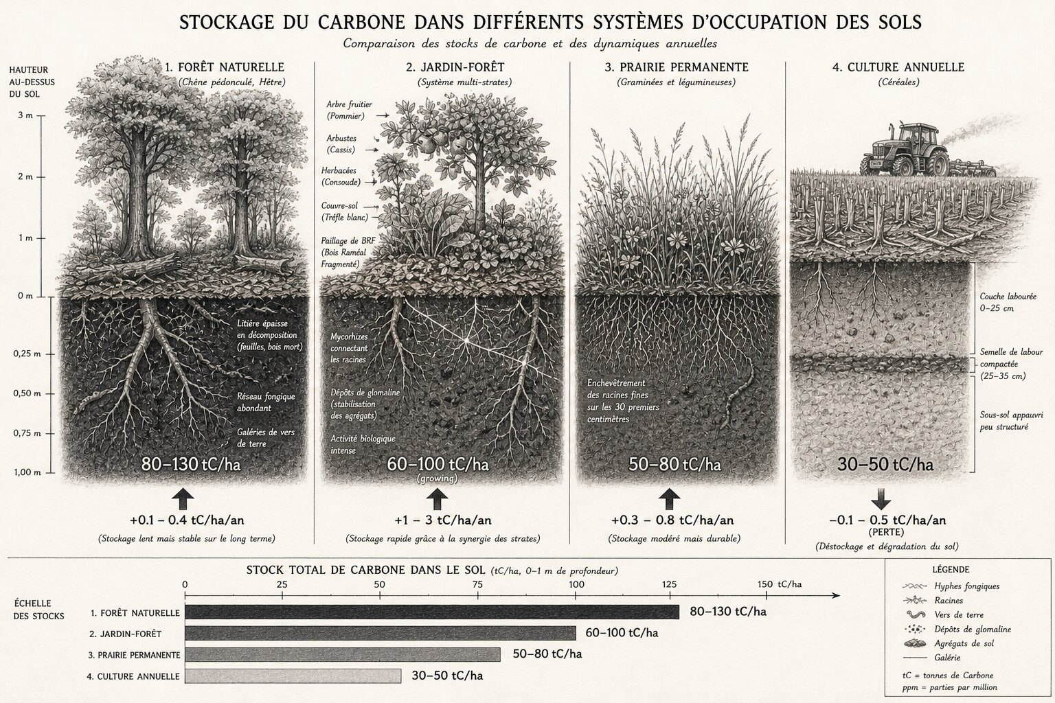 Schéma comparatif : stocks de carbone dans le sol selon quatre systèmes — forêt naturelle, jardin-forêt, prairie permanente, culture annuelle