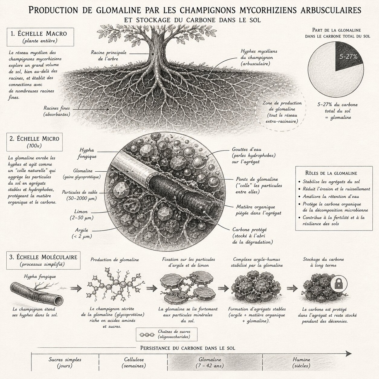 Schéma multi-échelle : production de glomaline par les champignons mycorhiziens arbusculaires, agrégation du sol et stockage de carbone