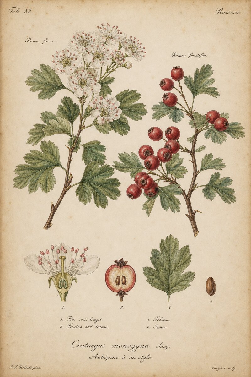 Planche botanique de l'aubépine - Crataegus monogyna