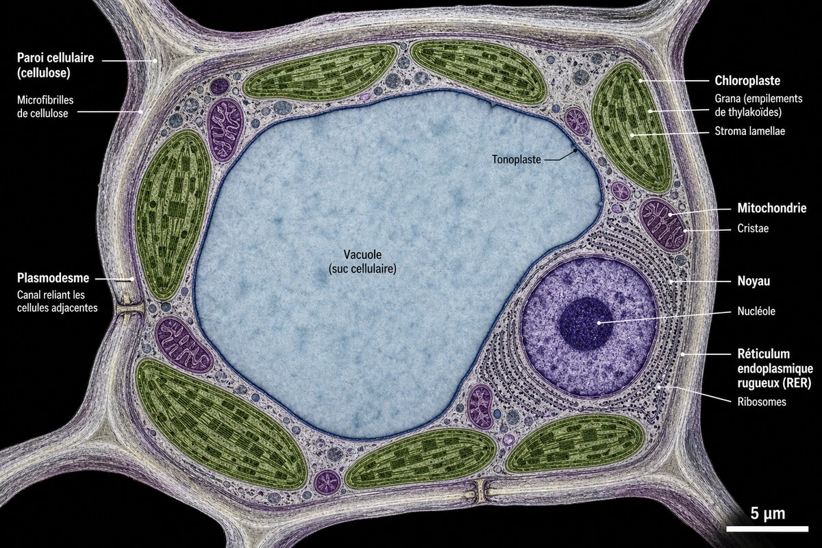 Micrographie TEM montrant la vacuole centrale, les chloroplastes, le noyau et la paroi cellulaire