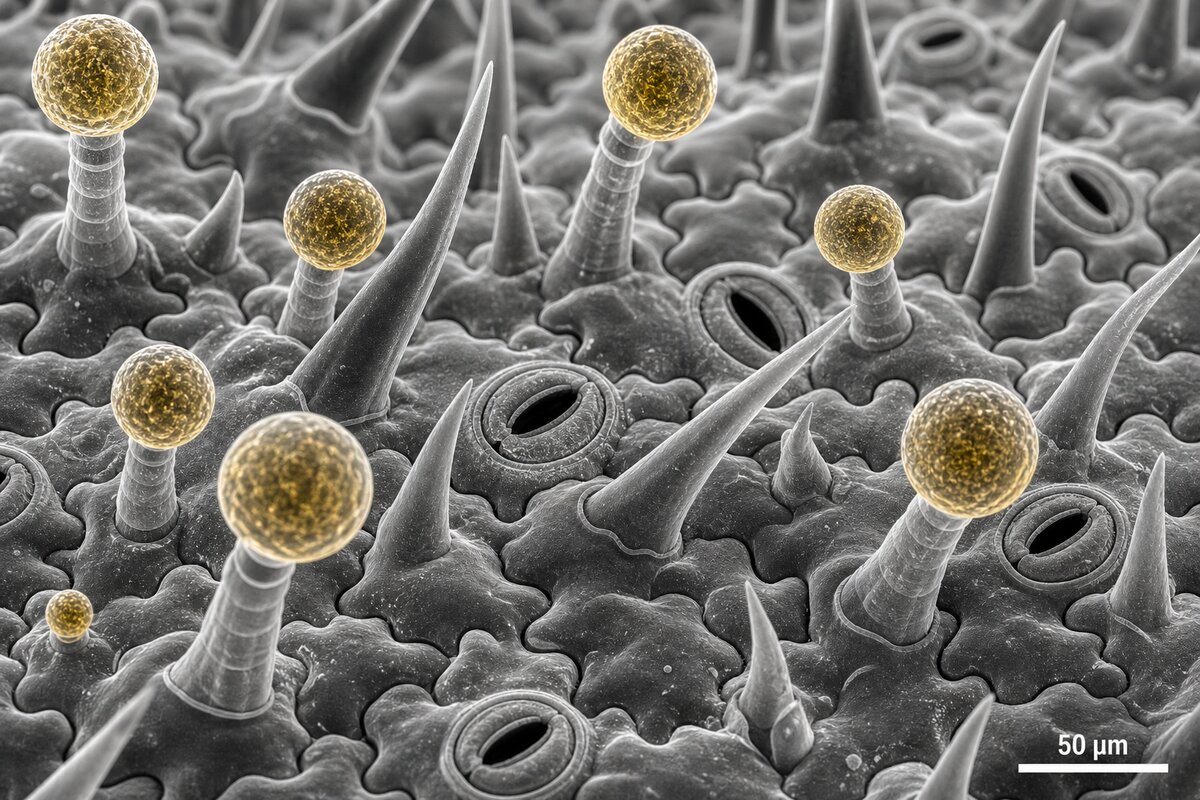Micrographie SEM de trichomes glandulaires sur une feuille de menthe poivrée