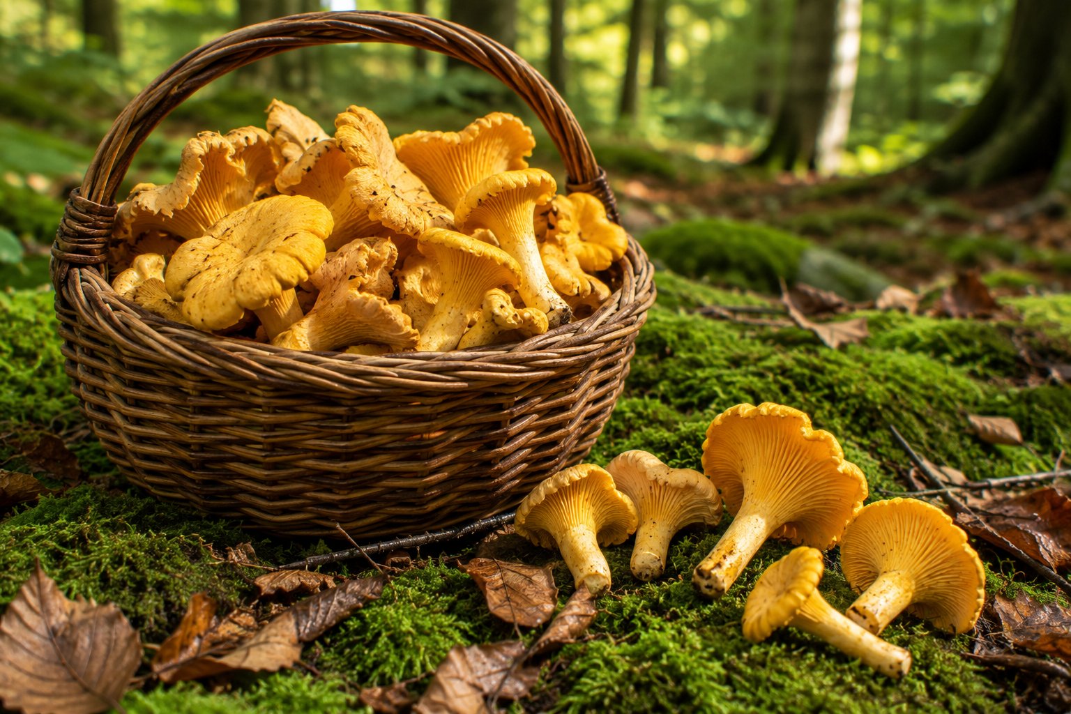 Chanterelles dorées (Cantharellus cibarius) fraîchement cueillies dans un panier en osier, sur un fond de mousse et de litière forestière