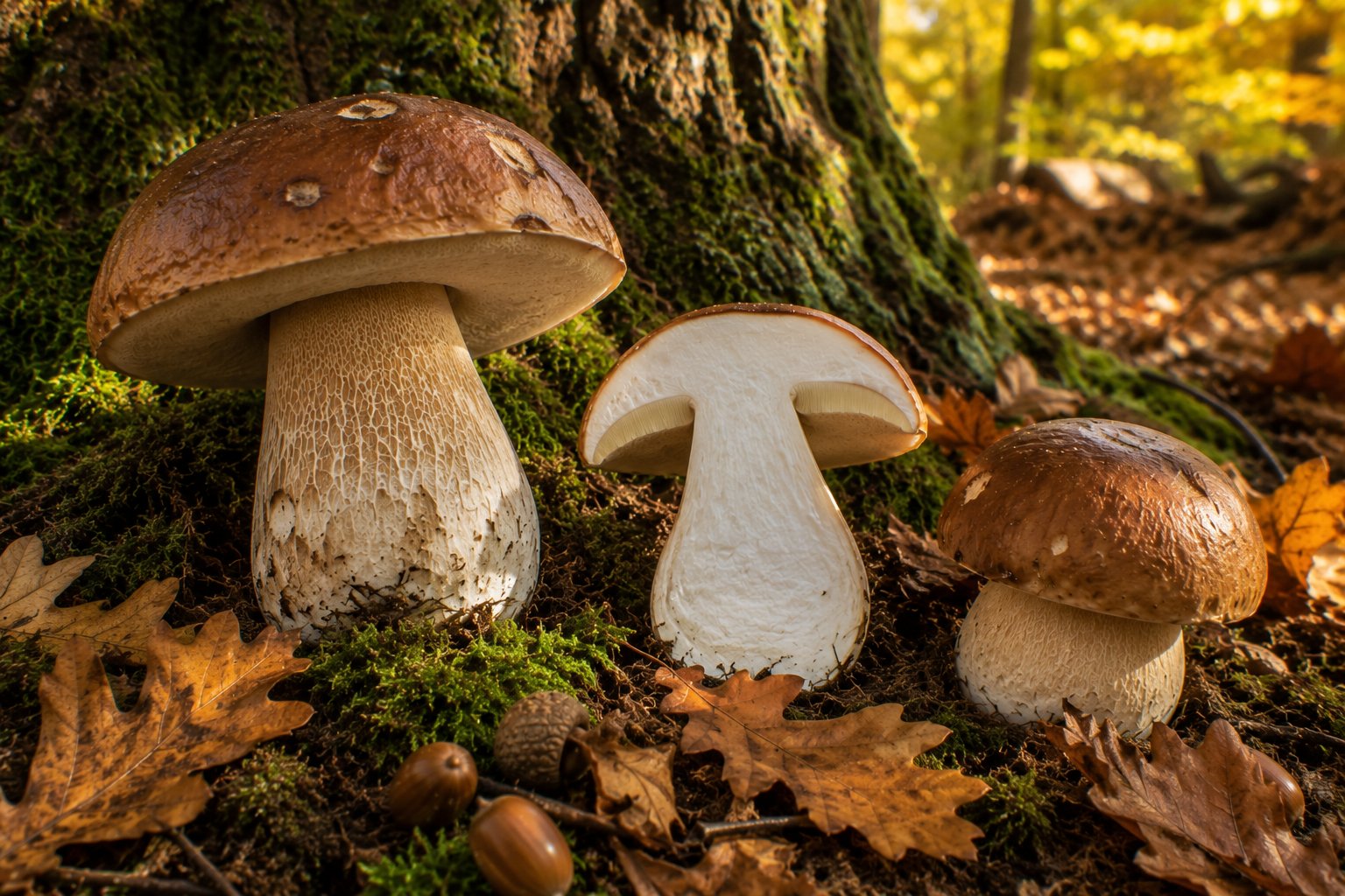 Cèpes de Bordeaux (Boletus edulis) fraîchement cueillis, avec leur chapeau brun-noisette, leur pied blanc trapu et leur réseau caractéristique, posés sur un fond de mousse forestière