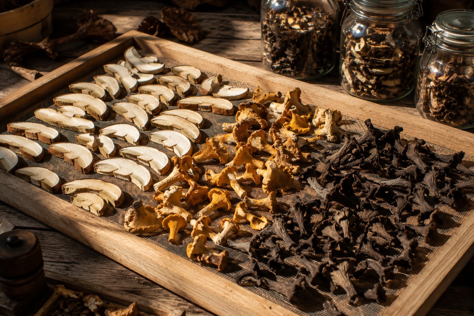 Champignons sauvages en cours de séchage sur des claies en bois : tranches de cèpes, chanterelles entières et trompettes-de-la-mort, dans un environnement rustique éclairé naturellement