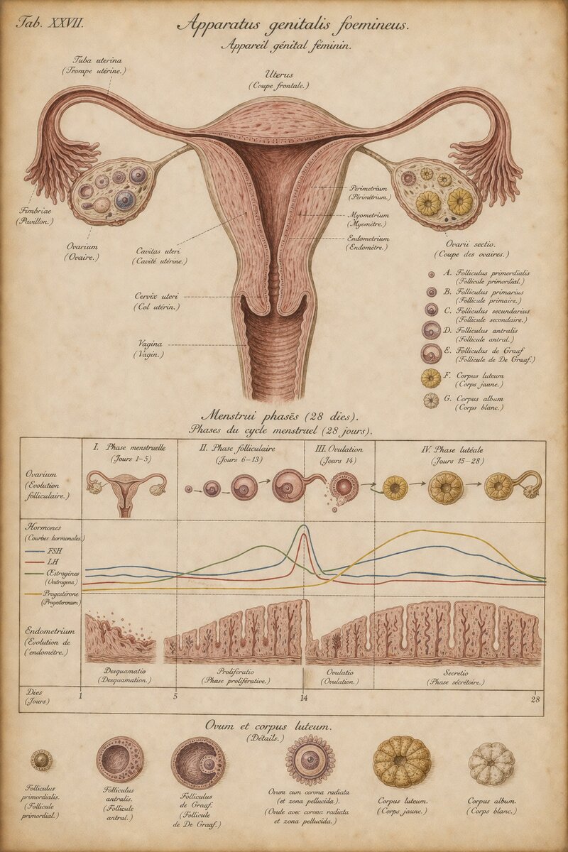 Planche anatomique de l'appareil génital féminin et du cycle menstruel