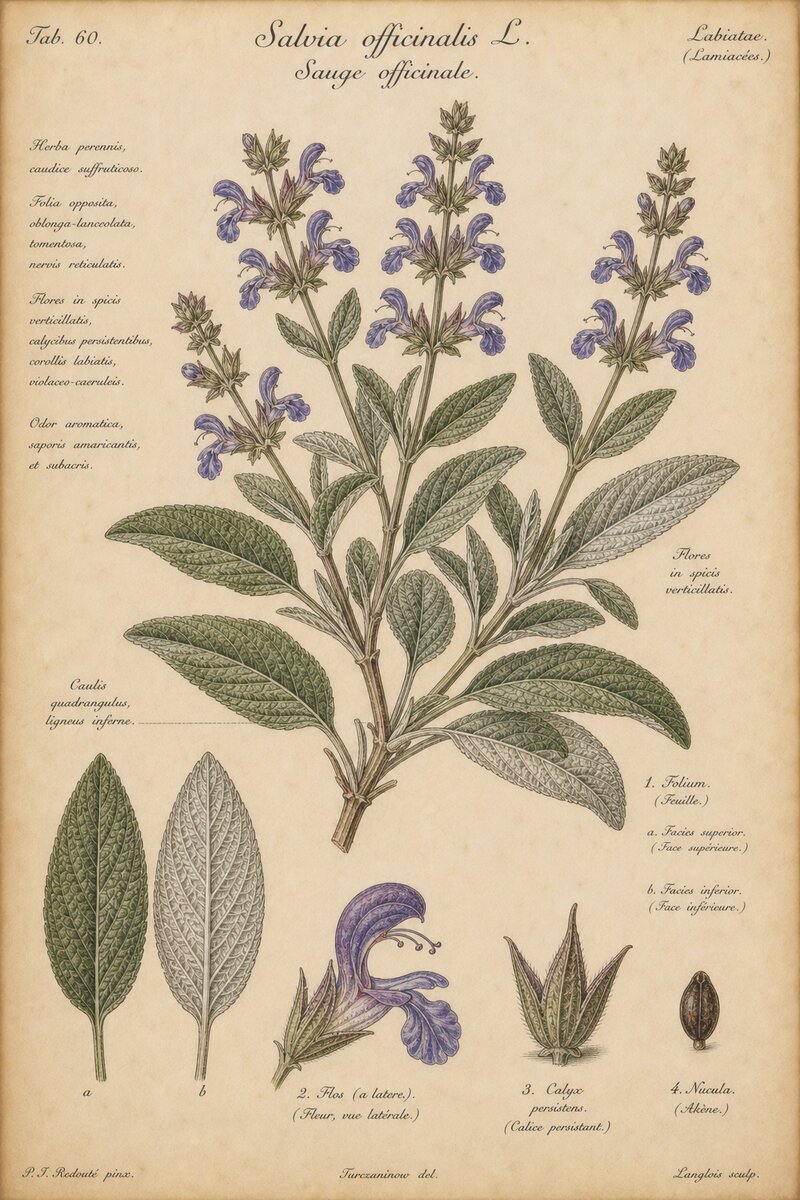 Planche botanique de la Sauge officinale - Salvia officinalis
