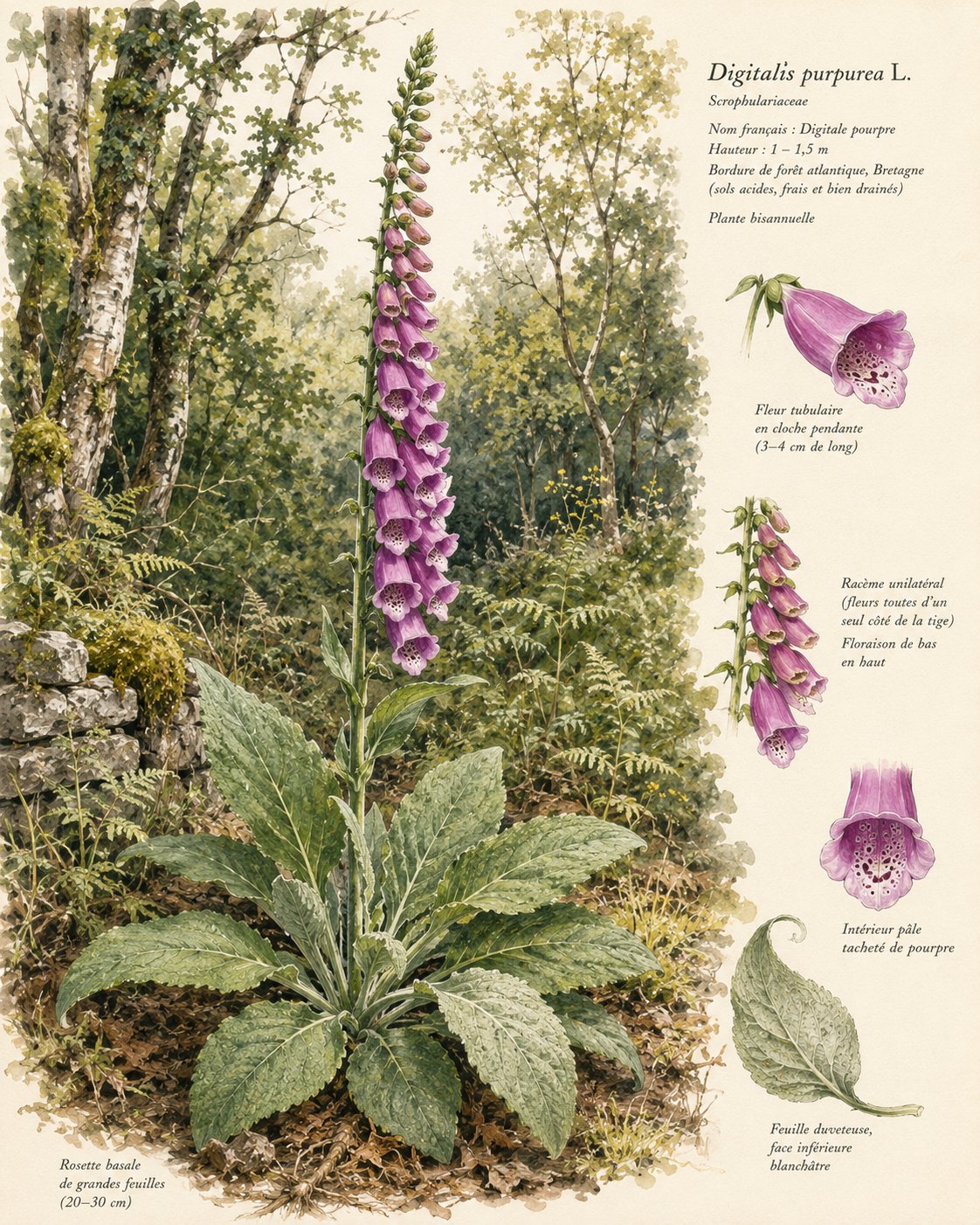 Digitalis purpurea — hampe florale de digitale pourpre en lisière de forêt