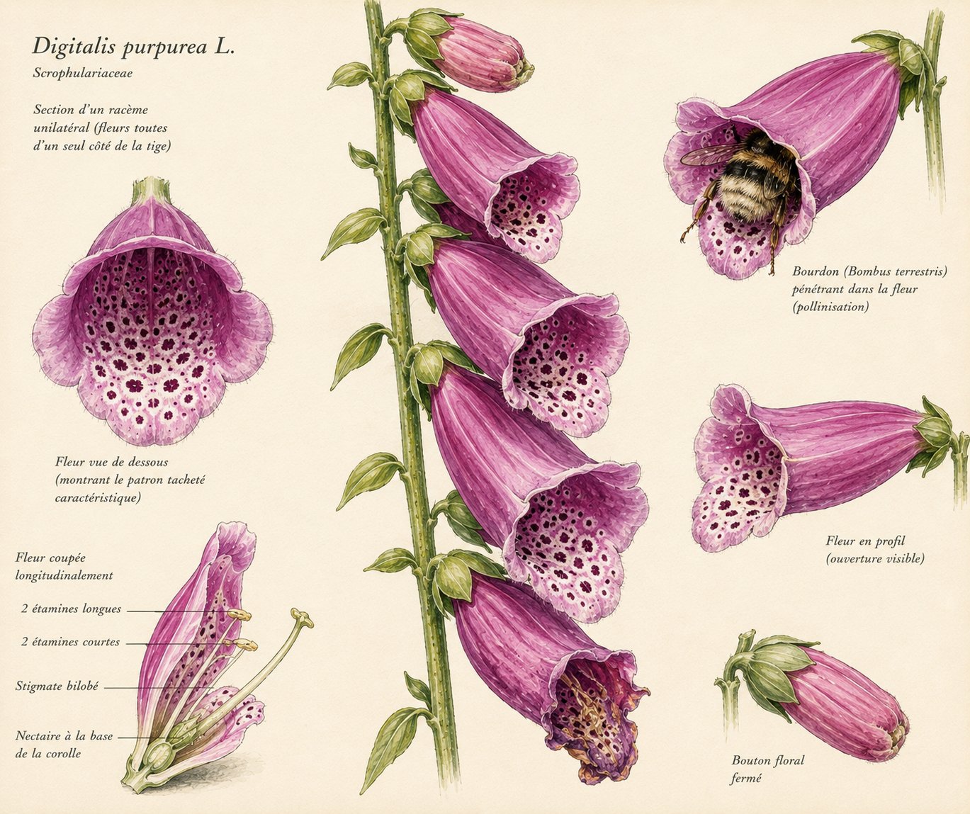 Digitalis purpurea — gros plan des fleurs en clochettes mouchetées