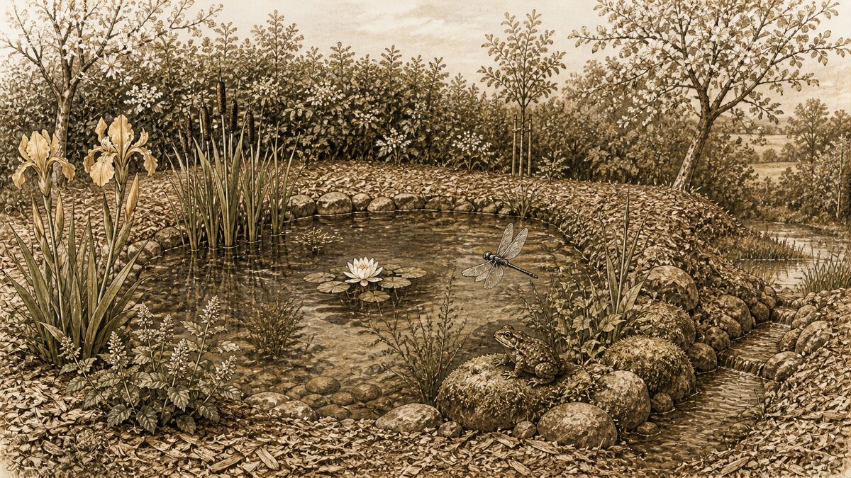 Illustration naturaliste : mare bordée d'iris des marais et de massettes, avec crapaud, libellule, nénuphar, fruitiers en arrière-plan et mulch de BRF