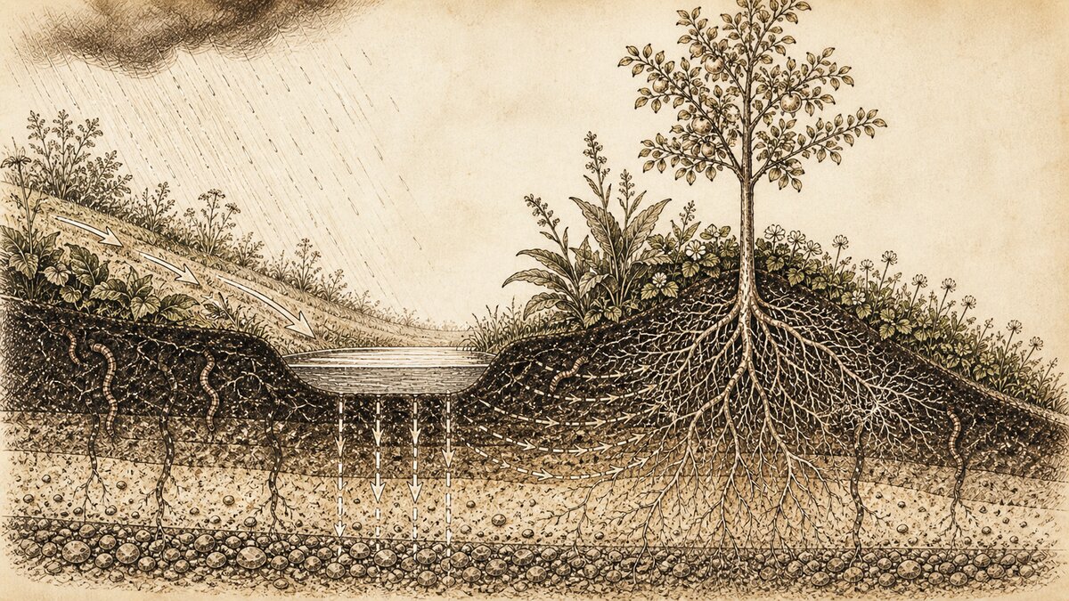 Illustration en fusain : coupe transversale d'un swale montrant le fossé d'infiltration, le berm planté d'un pommier, les racines profondes, les galeries de vers de terre et les flux d'eau
