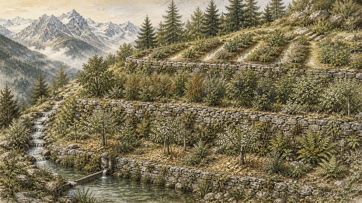 Illustration panoramique : trois terrasses alpines en pierres sèches avec fruitiers rustiques, micro-swales, arbustes à baies et sommets enneigés
