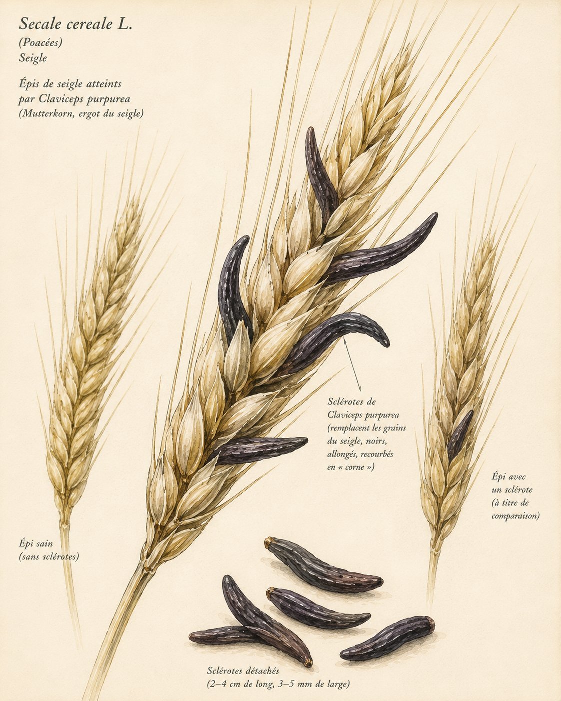 Claviceps purpurea — sclérotes d'ergot sur un épi de seigle