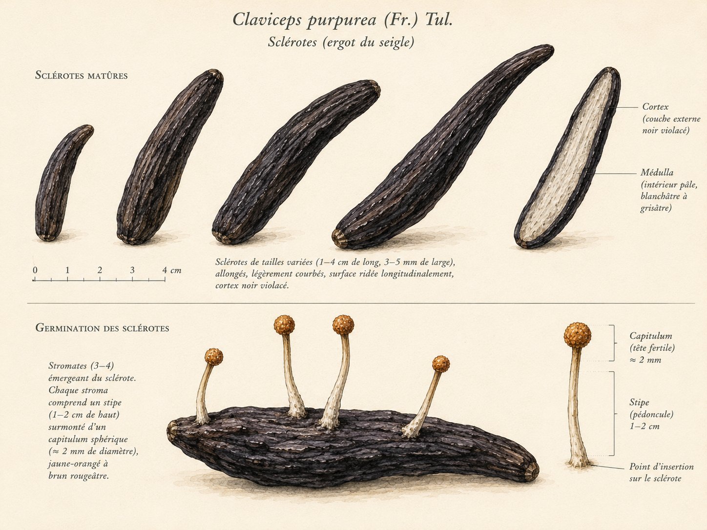 Sclérotes de Claviceps purpurea — corps de résistance noirs en forme de cornes
