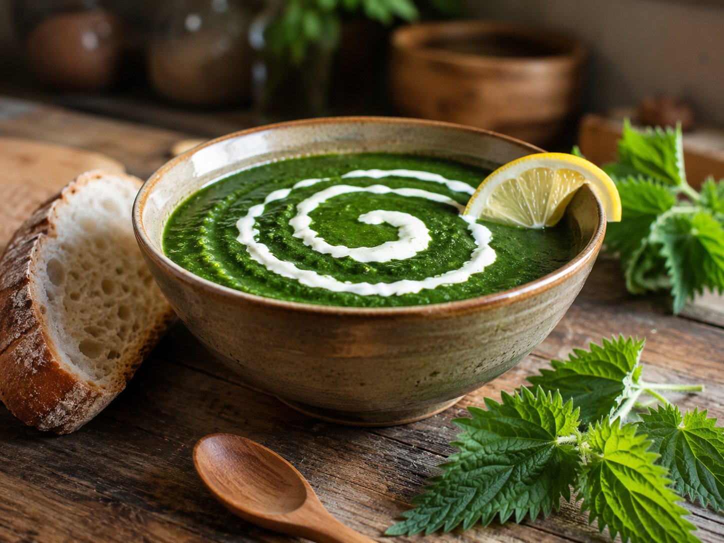 Soupe d'ortie vert intense servie dans un bol en terre, avec un filet de citron et des graines