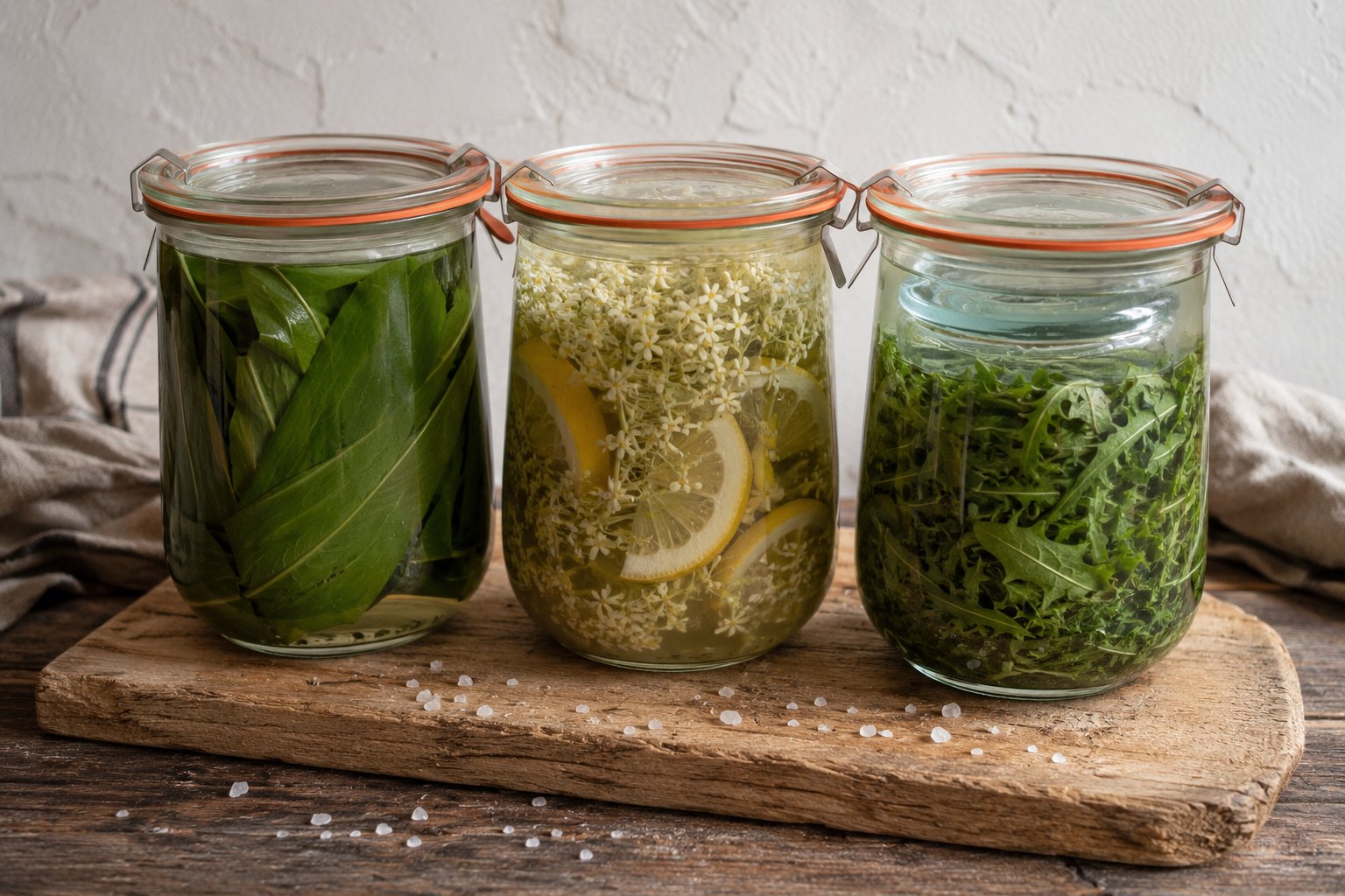 Bocaux de légumes sauvages lactofermentés — feuilles d'ail des ours, racines, fleurs — dans une saumure trouble