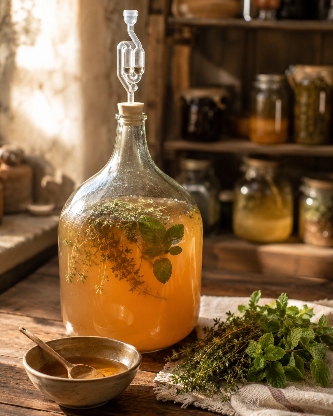 Dame-jeanne d'hydromel doré aux plantes sauvages avec barboteur, à côté de bouquets de thym et de mélisse