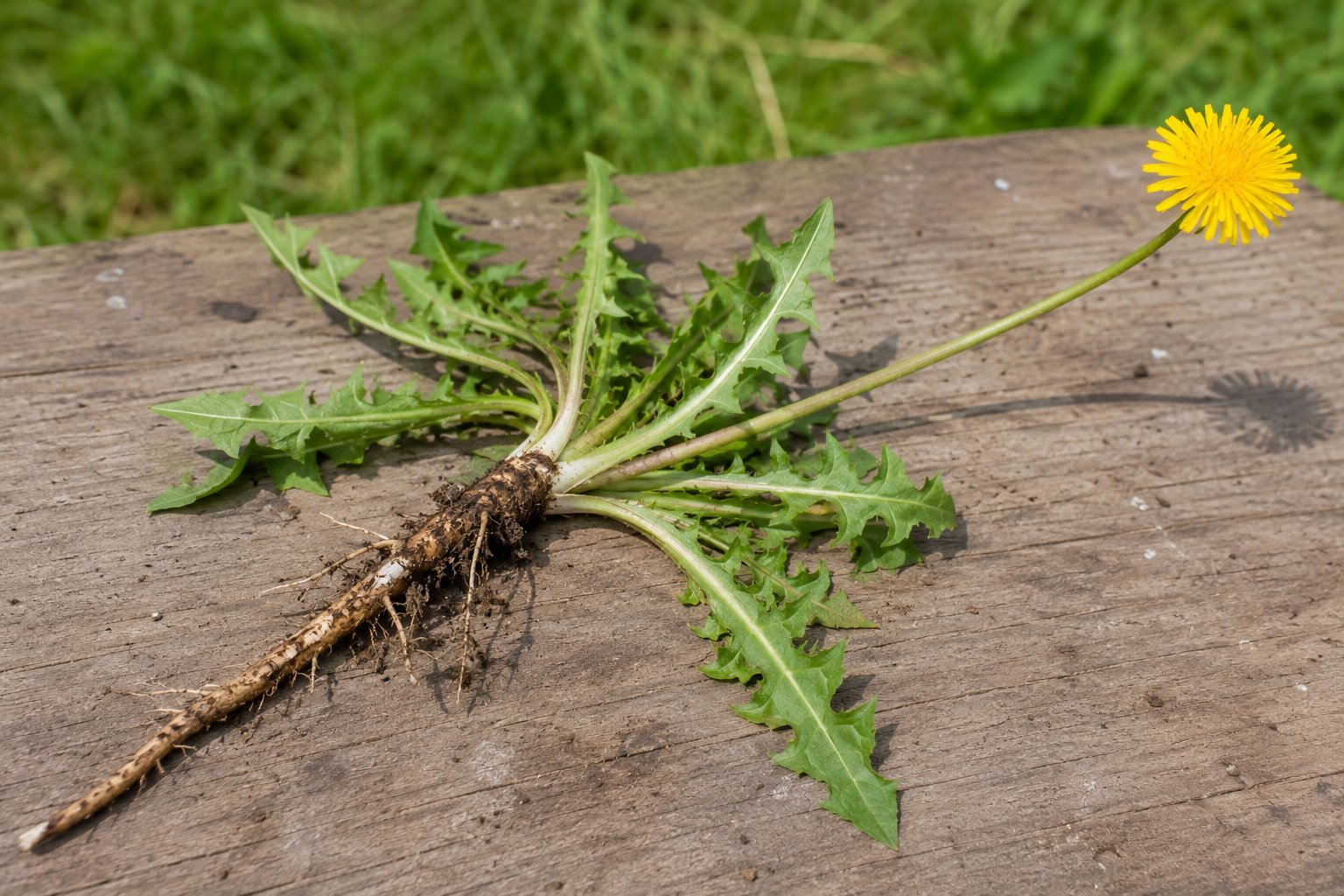 Taraxacum officinale — pissenlit arraché montrant la longue racine pivotante riche en inuline