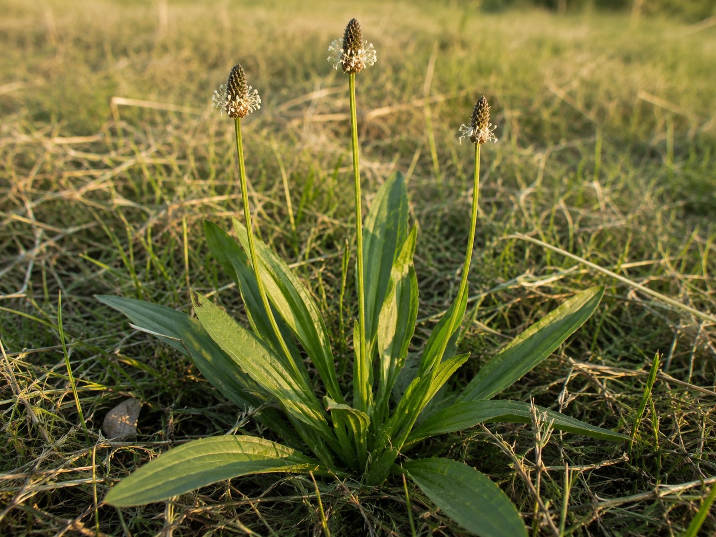 Plantago lanceolata — plantain lancéolé en fleur, feuilles en rosette et hampes florales
