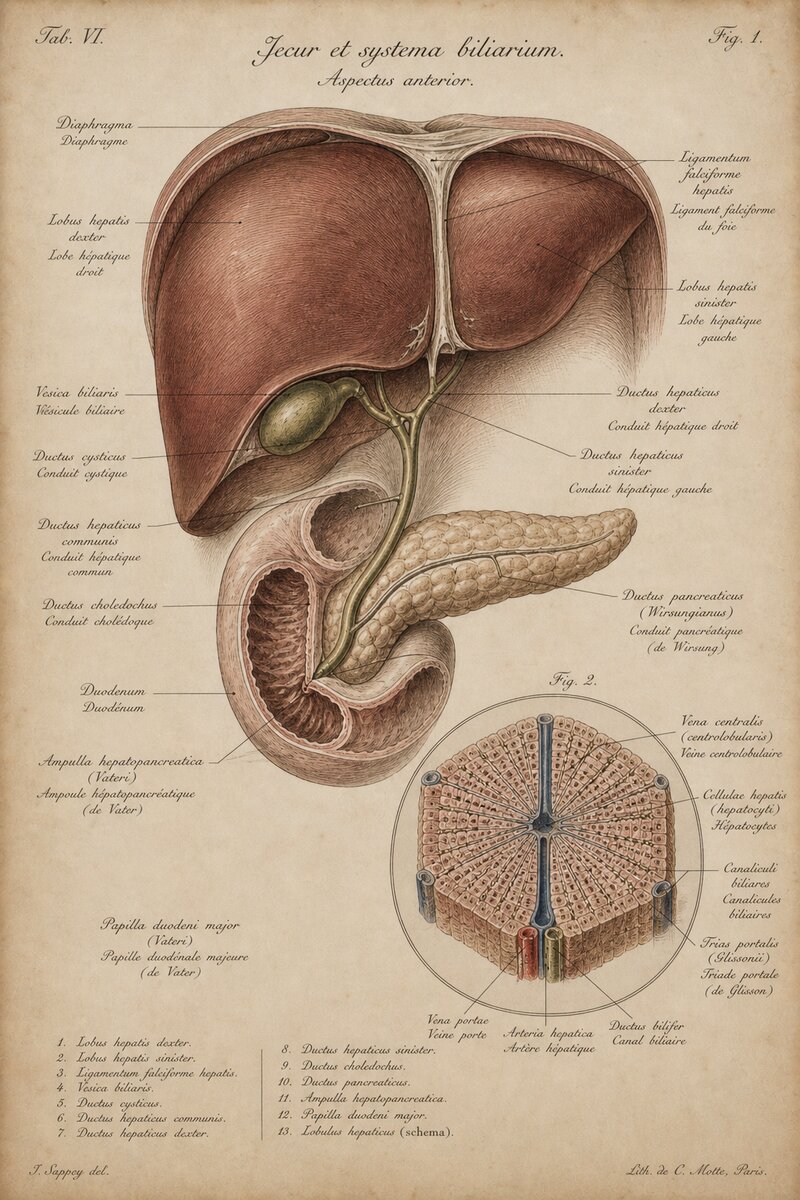 Planche anatomique du foie et de l'arbre biliaire