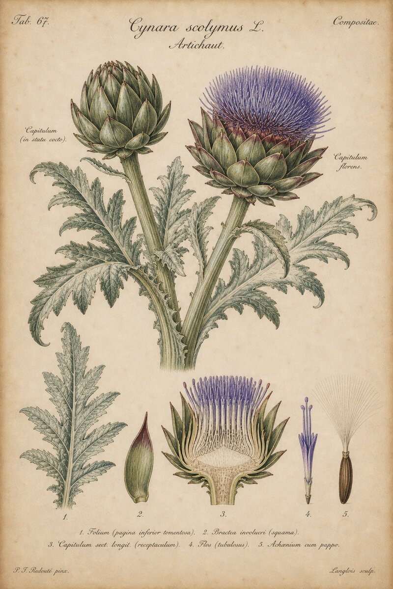 Planche botanique de l'artichaut - Cynara scolymus