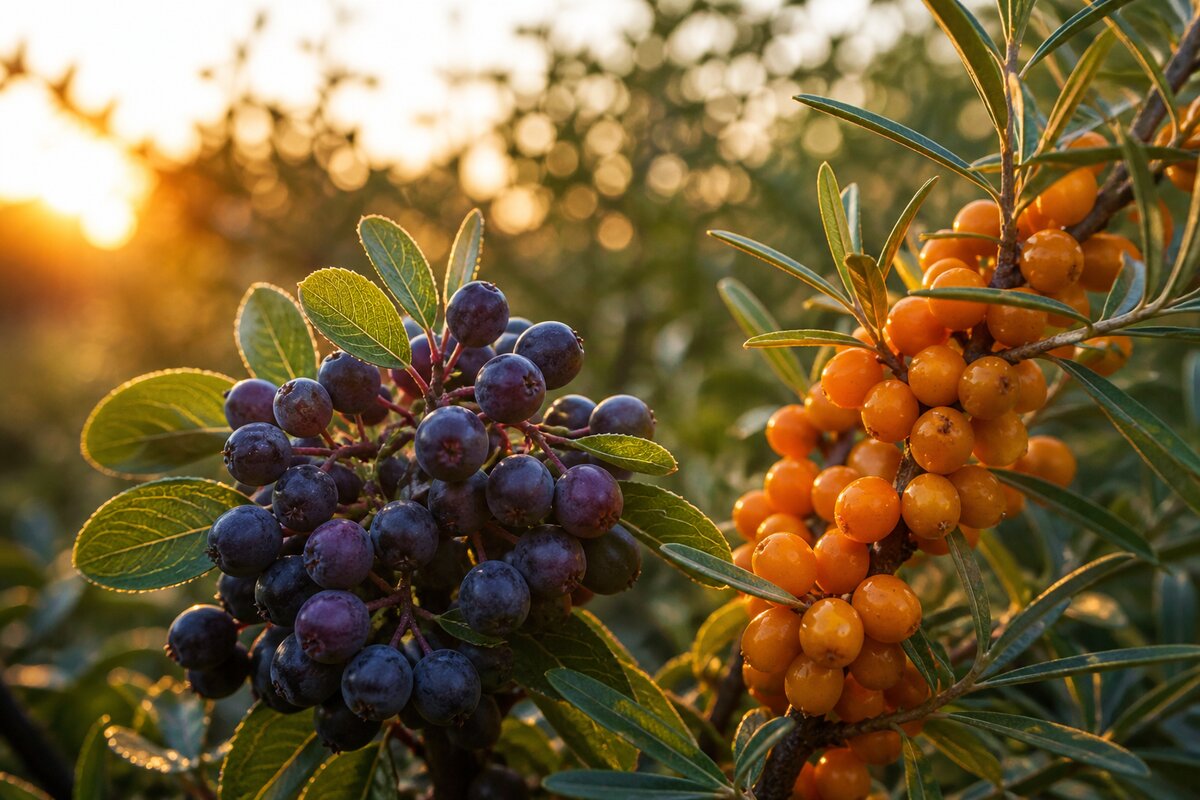 Photographie macro de baies mûres d'amélanchier pourpre foncé et d'argousier orange vif sur leurs branches respectives, lumière dorée de fin d'après-midi