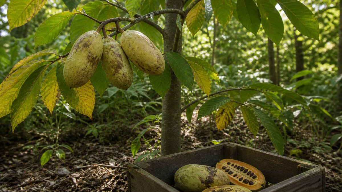 Photographie d'un asiminier (Asimina triloba) portant des fruits mûrs vert-jaune en sous-bois, avec un fruit ouvert montrant la chair orangée crémeuse sur une cagette en bois