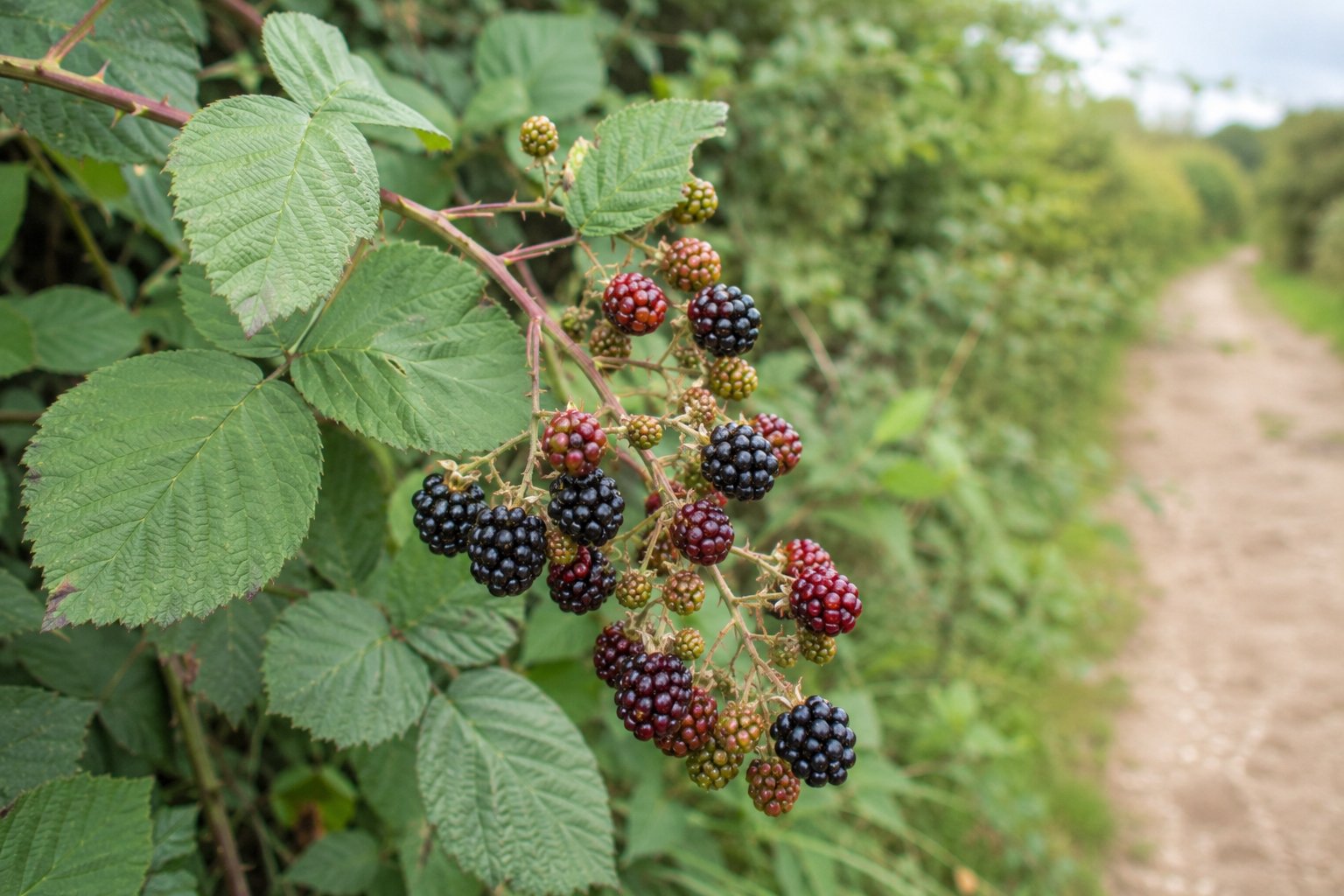 Rubus fruticosus — mûres sauvages à différents stades de maturité sur une ronce, rouge et noir