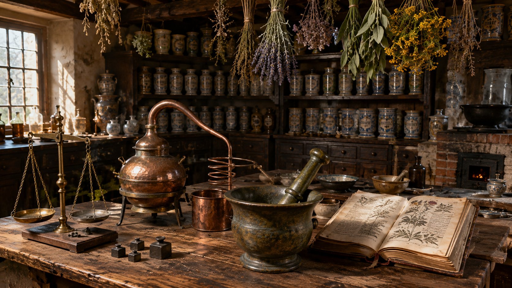 Officine d'apothicaire médiéval avec mortier en bronze, alambic en cuivre, pots en faïence alignés sur des étagères en bois, herbes séchées suspendues au plafond