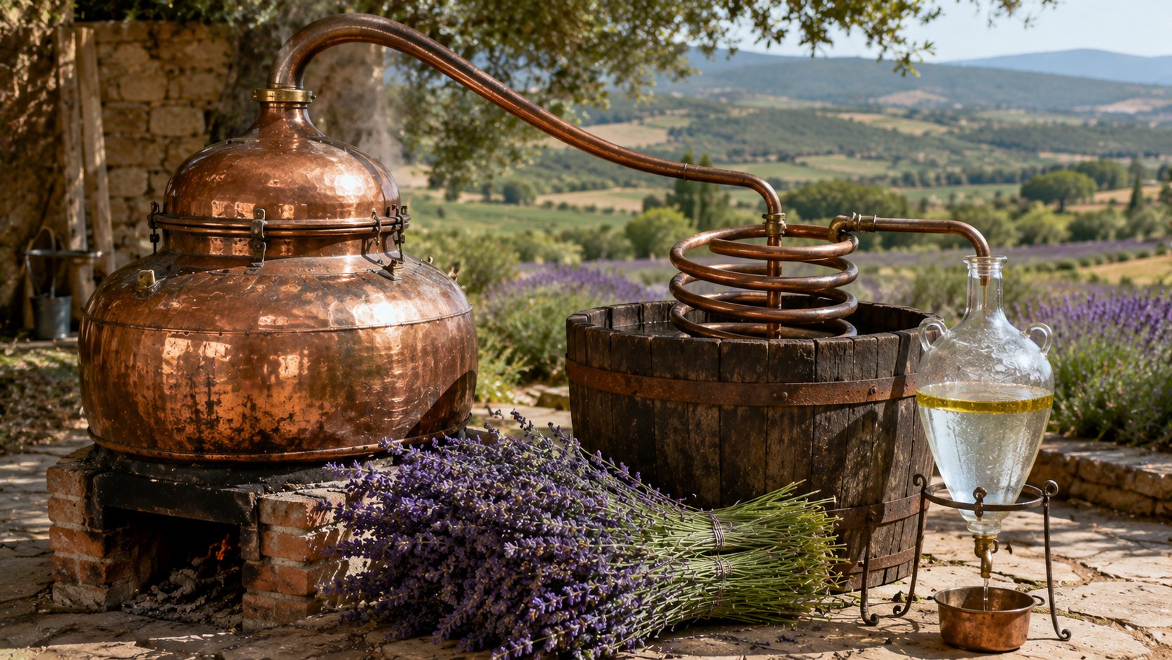 Alambic en cuivre traditionnel pour la distillation de plantes aromatiques, avec le serpentin de refroidissement et le vase florentin séparant l'huile essentielle de l'hydrolat