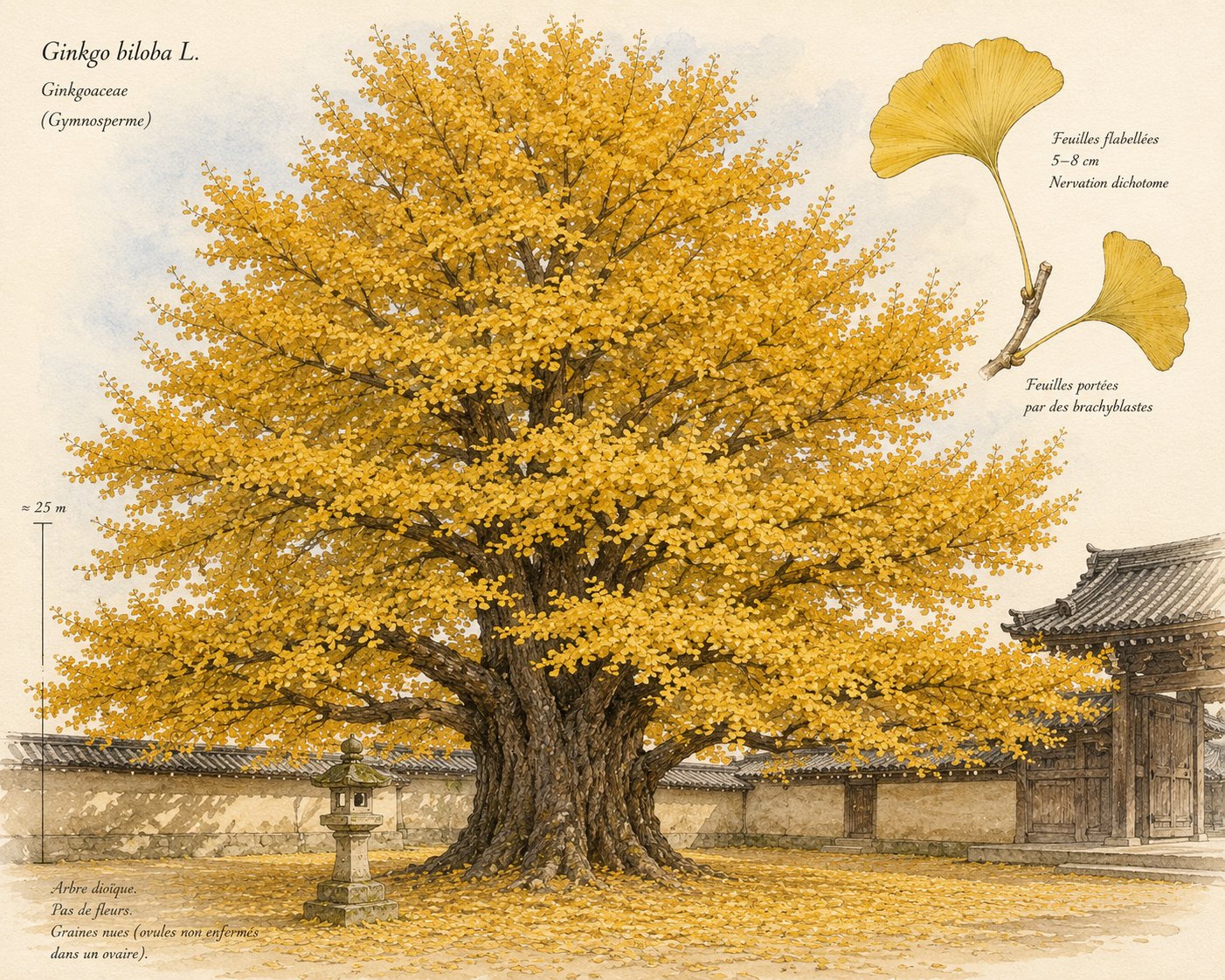 Ginkgo biloba — arbre mature aux feuilles en éventail caractéristiques