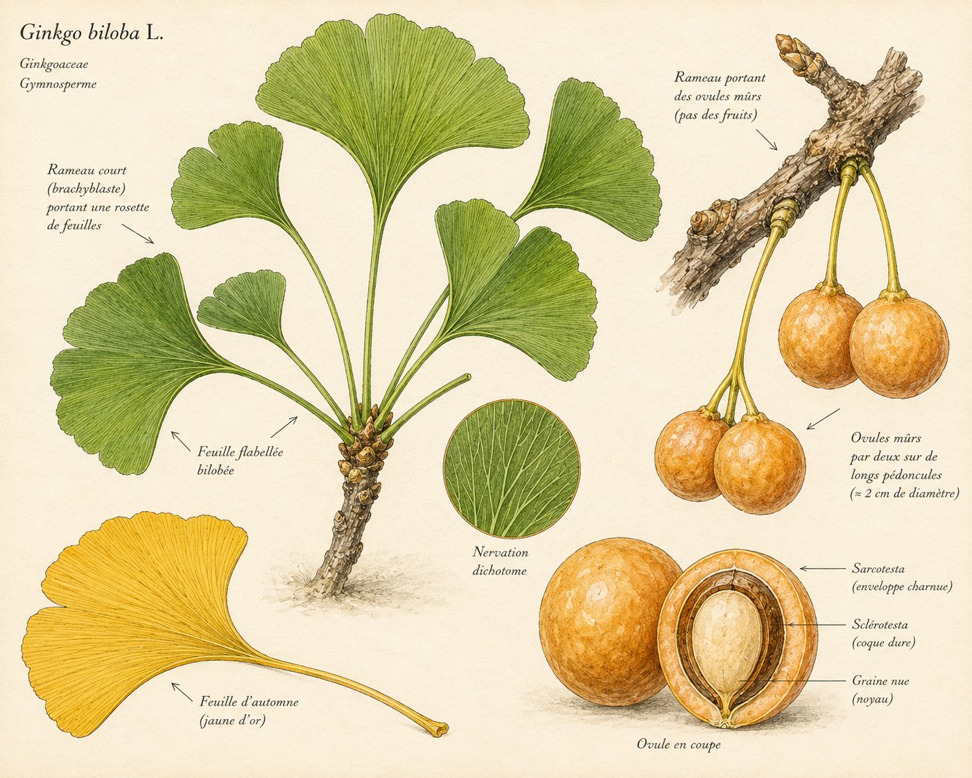 Feuilles de ginkgo en éventail avec ovules matures orangés