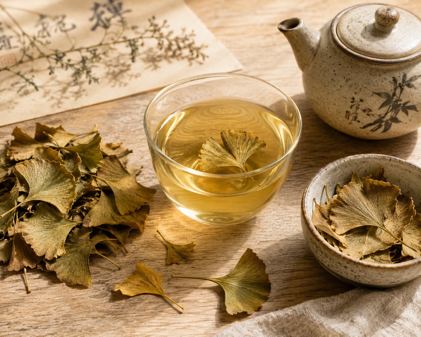 Tisane de feuilles de ginkgo — feuilles séchées en éventail et infusion jaune doré