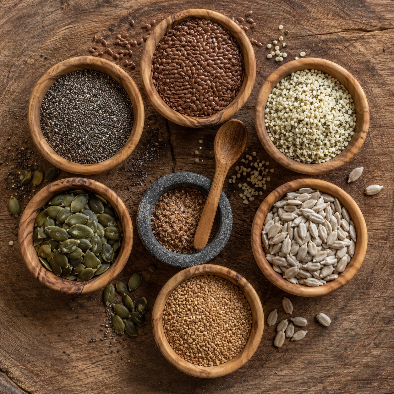 Assortiment de graines comestibles dans de petits bols en bois — lin brun, chia noir, chanvre décortiqué, courge vert foncé, tournesol, sésame