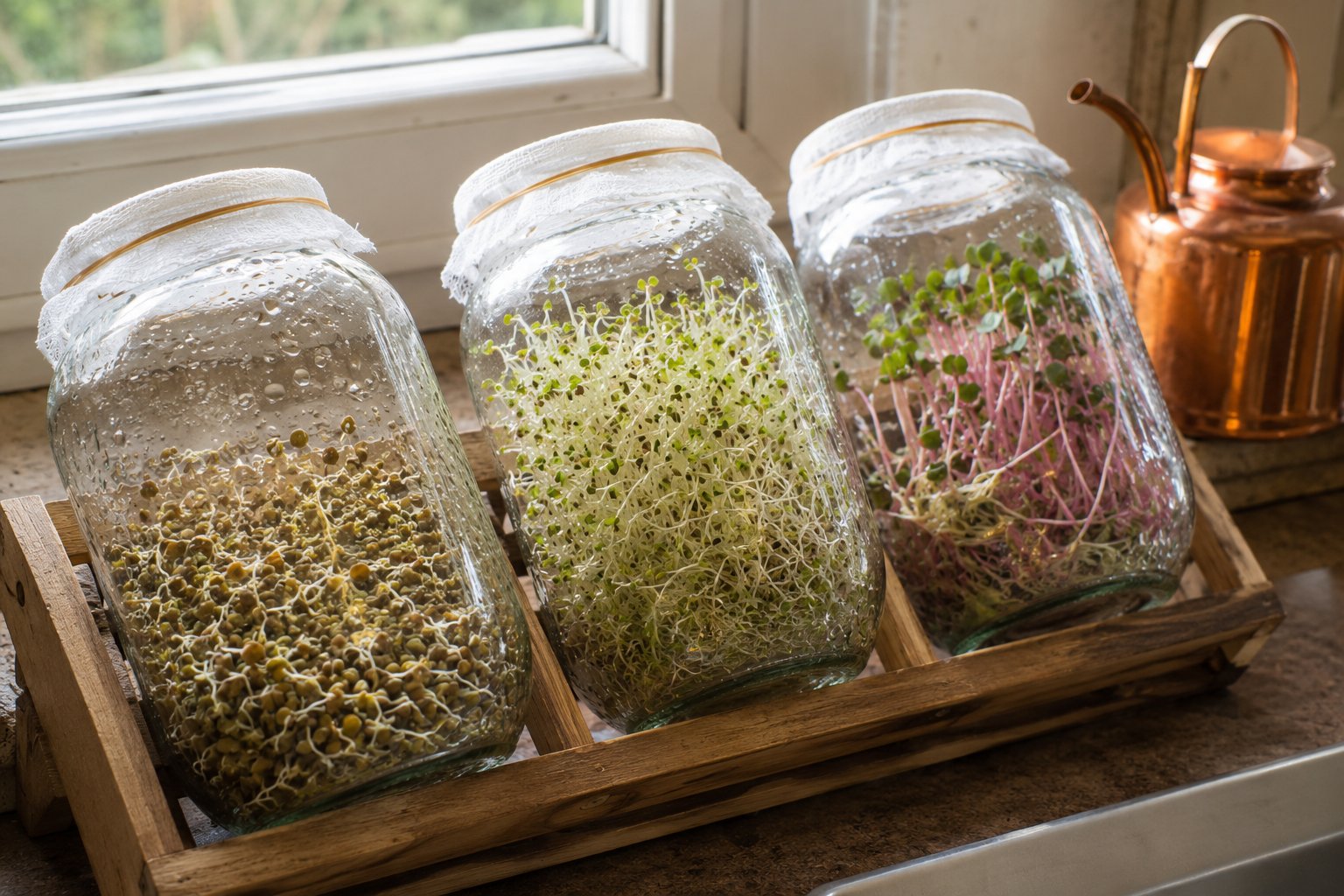 Bocaux de germination contenant des graines germées à différents stades — lentilles, alfalfa, radis — avec radicelles blanches et cotylédons verts