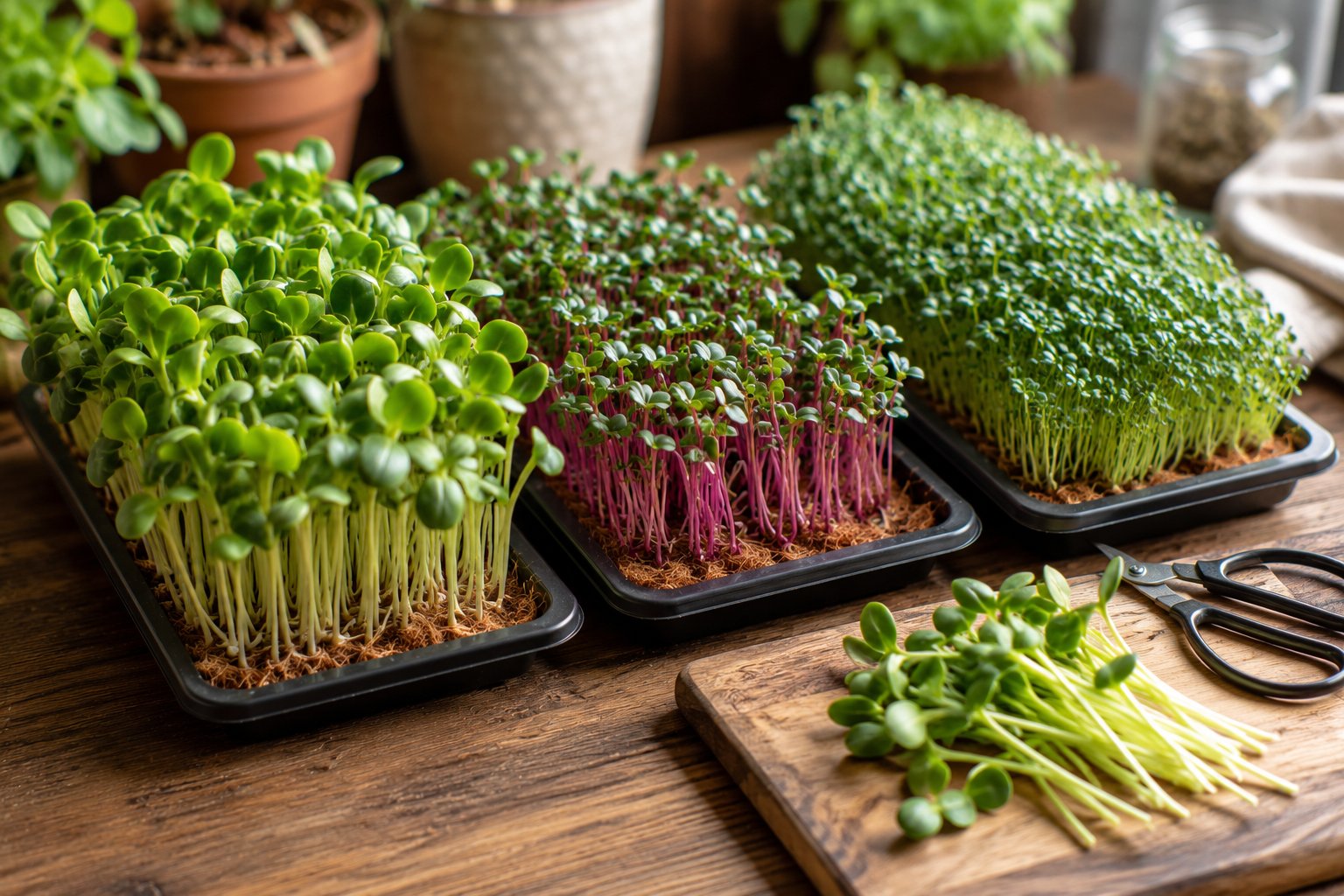 Micropousses variées sur un plateau de culture — tournesol à cotylédons charnus, radis à tiges roses, brocoli à petites feuilles vertes, pois à vrilles tendres