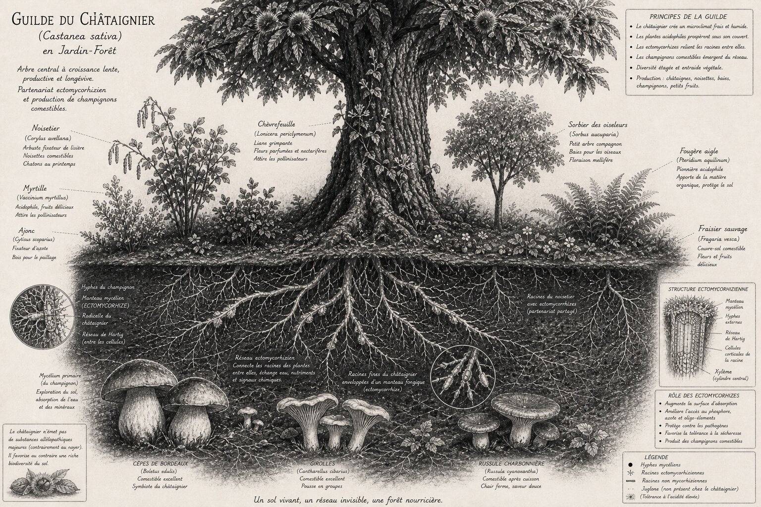 Schéma : guilde du châtaignier en jardin-forêt, ectomycorhizes, réseau de Hartig, cèpes, girolles et russules