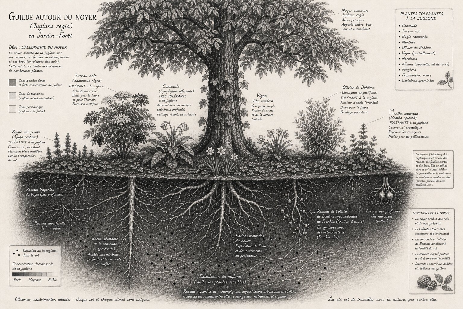 Schéma : guilde du noyer en jardin-forêt, plantes tolérantes à la juglone, diffusion allélopathique et réseau mycorhizien