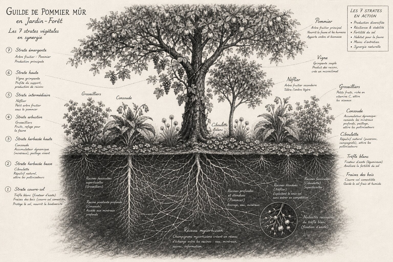 Schéma : guilde de pommier mûr en jardin-forêt, les 7 strates végétales en synergie — du couvre-sol au réseau mycorhizien souterrain