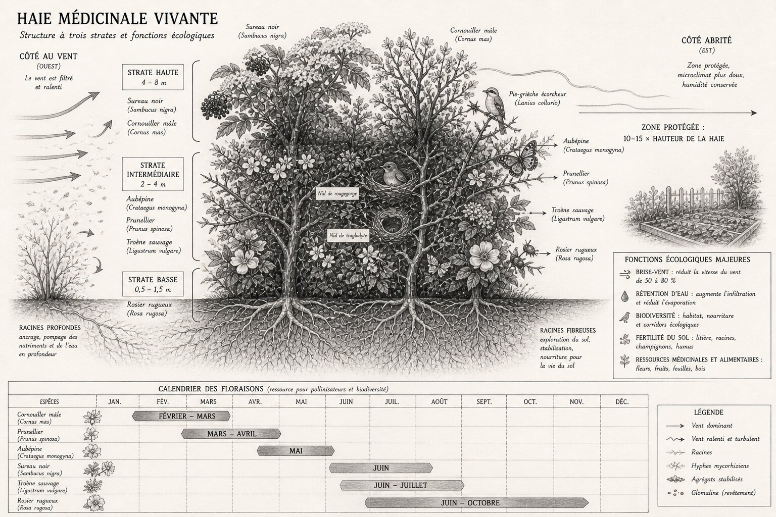 Schéma en coupe : haie vive médicinale en trois strates avec effet brise-vent, nids d'oiseaux et calendrier de floraison