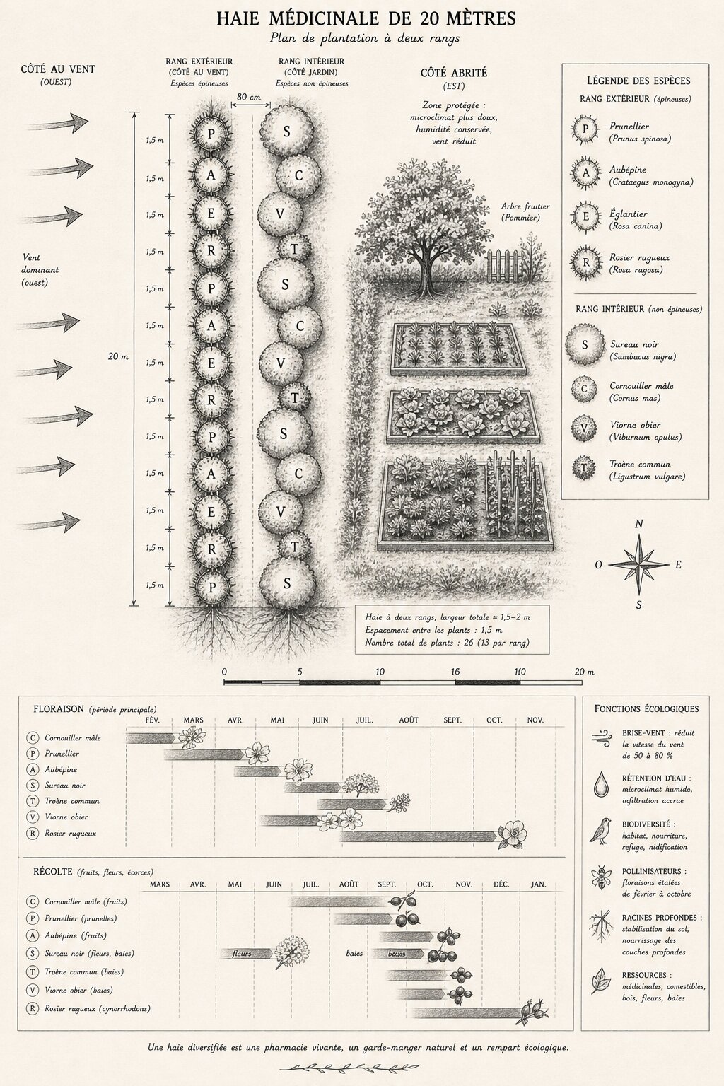 Schéma : plan de plantation en deux rangs — espèces épineuses côté vent, espèces médicinales côté jardin, calendriers de floraison et de récolte