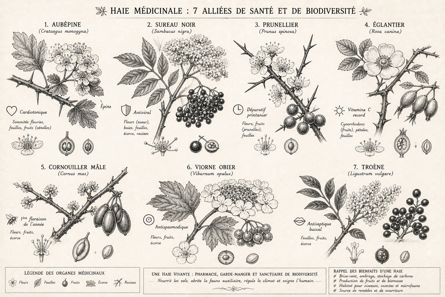 Planche botanique : aubépine, sureau noir, prunellier, églantier, cornouiller mâle, viorne obier et troène — propriétés médicinales