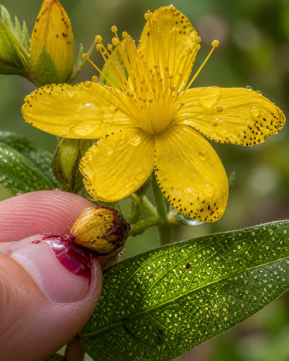 Gros plan sur une fleur de millepertuis montrant les glandes à hypéricine