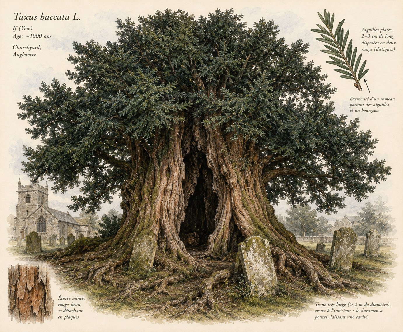 Taxus baccata — if millénaire au tronc creux dans un cimetière anglais