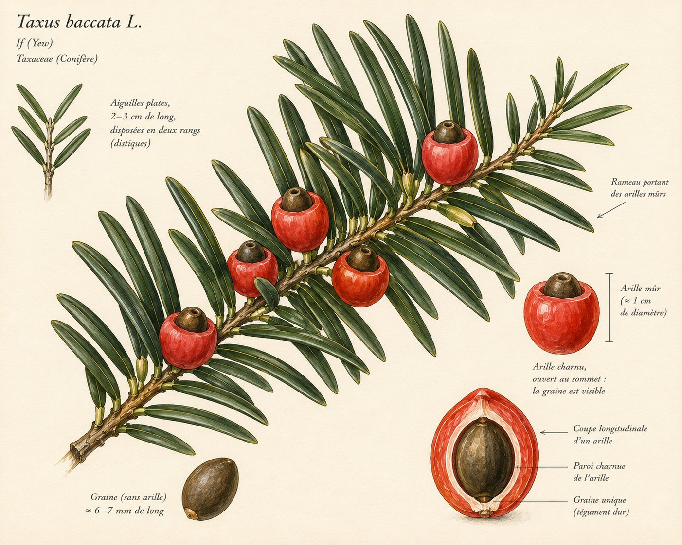 Taxus baccata — arilles rouges parmi les aiguilles vert sombre
