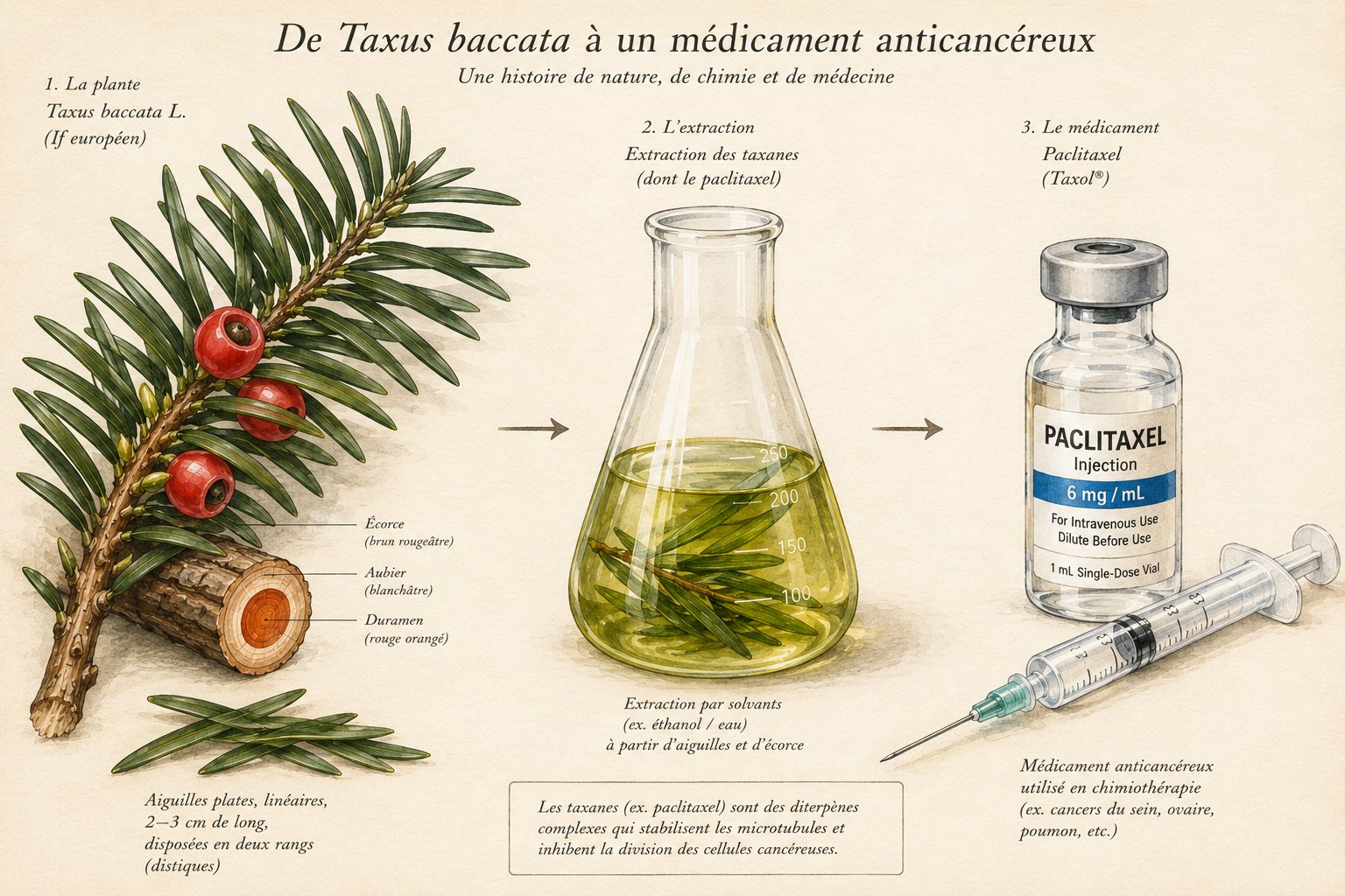 Structure du paclitaxel et aiguilles de Taxus baccata — de la plante à la molécule anticancéreuse