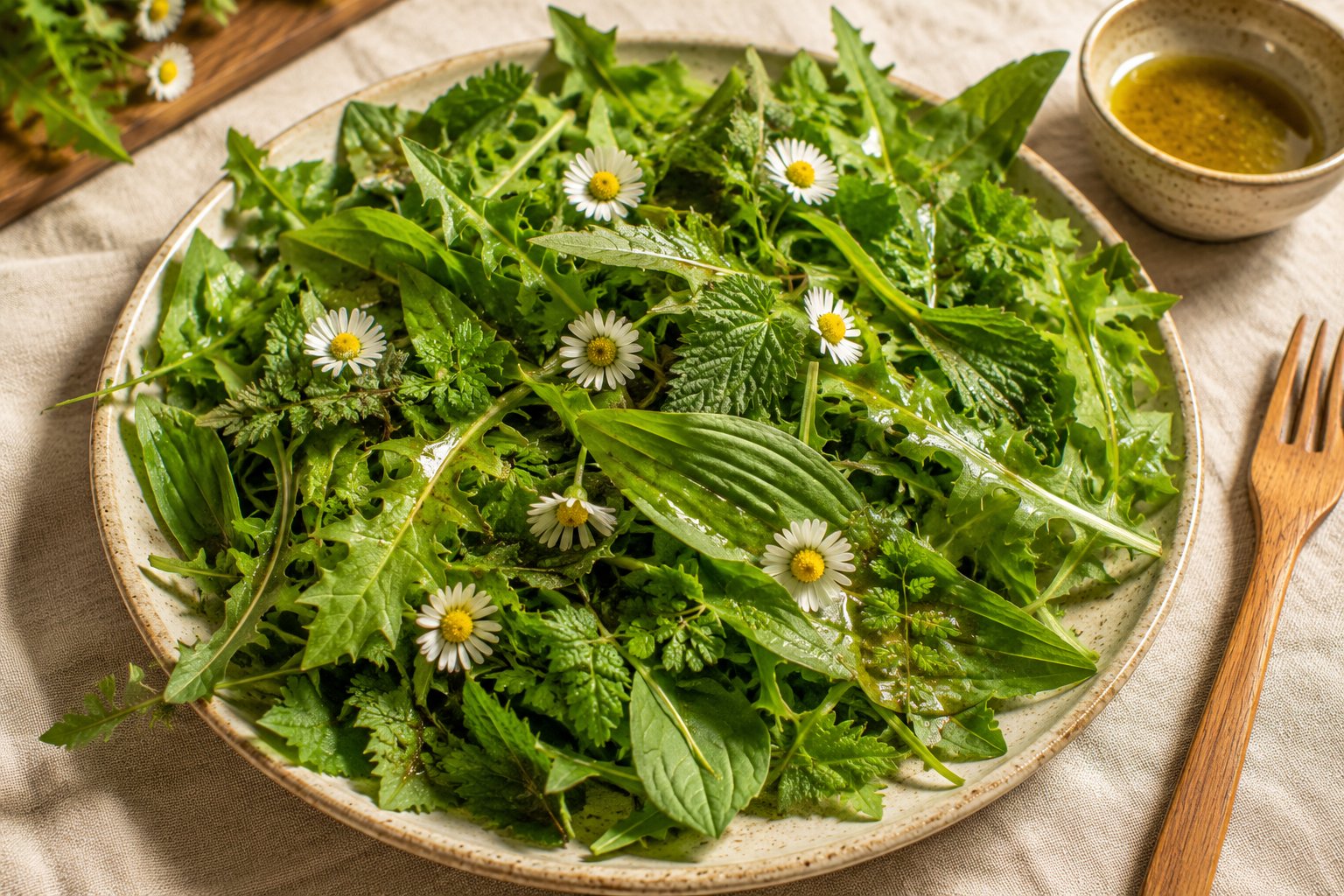 Salade de feuilles sauvages variées — pissenlit, roquette, plantain, ortie blanchie — dans un saladier en bois, assaisonnée d'huile et de vinaigre