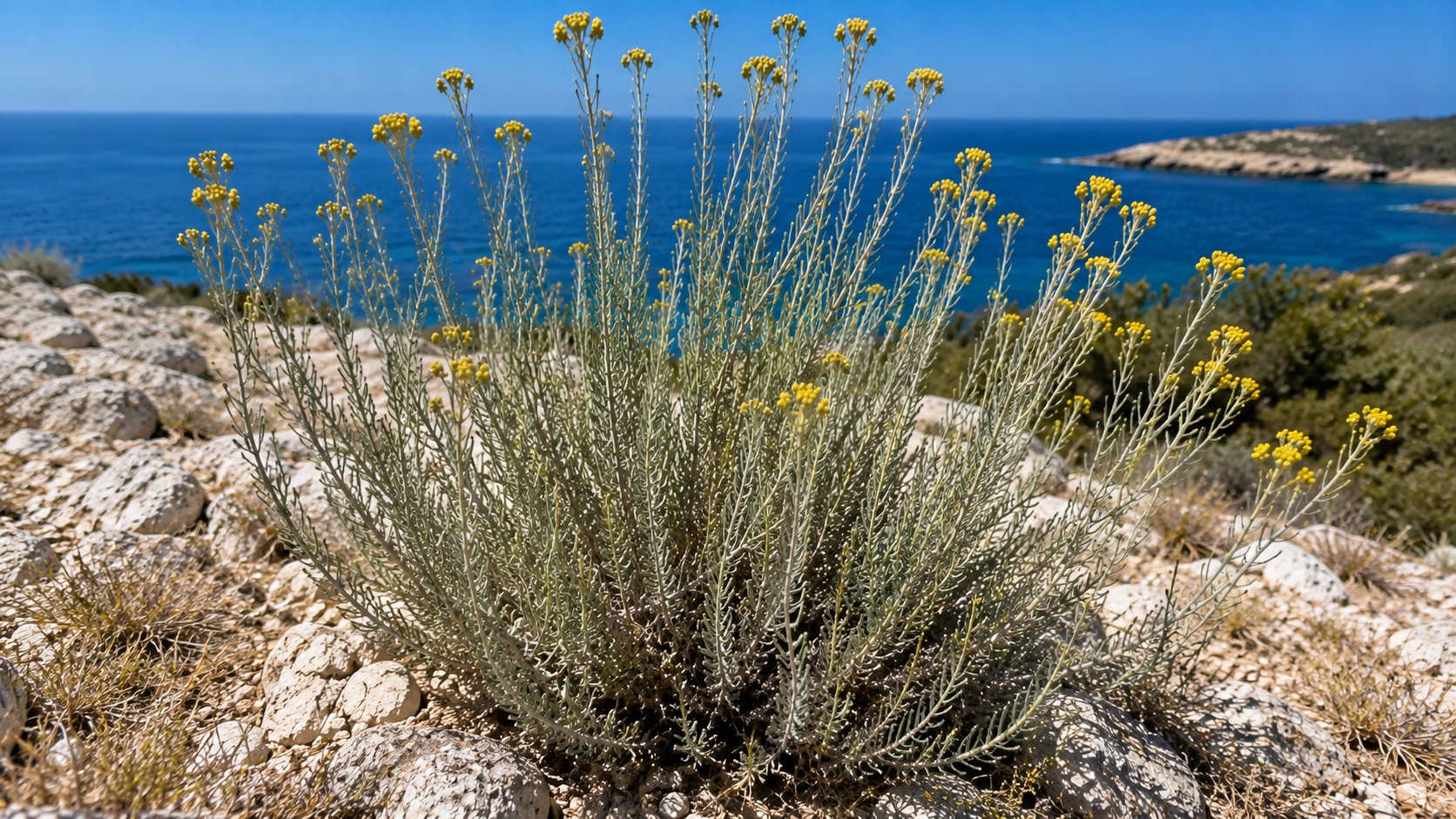 Helichrysum italicum — immortelle d'Italie en fleurs dans le maquis corse