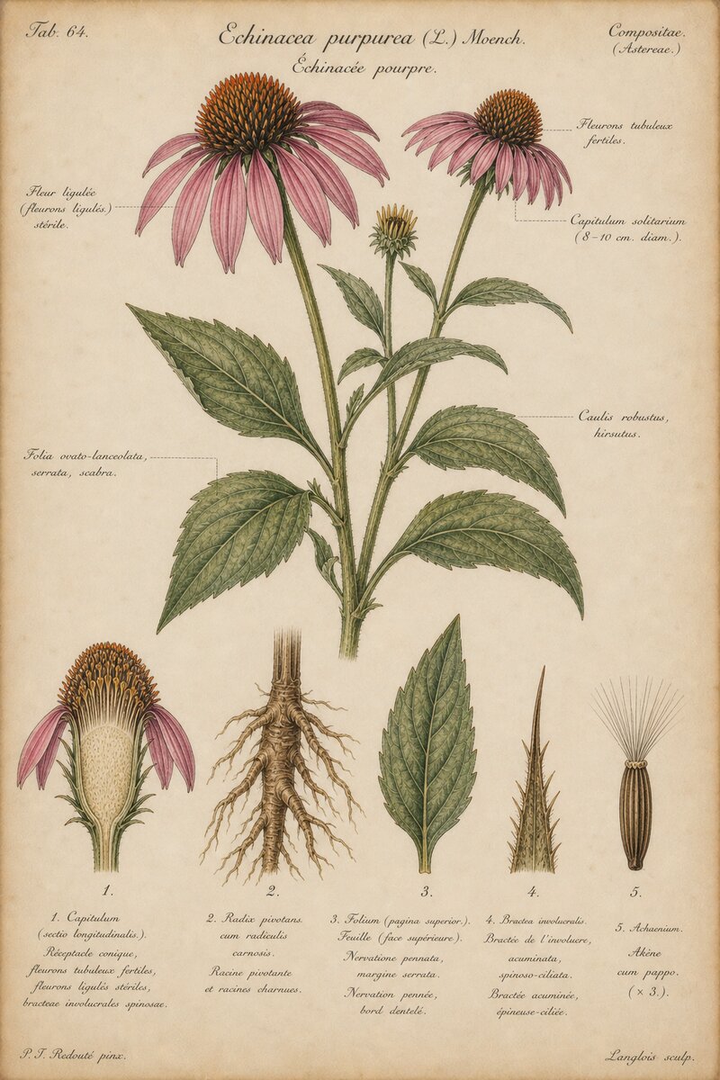 Planche botanique de l'Échinacée pourpre - Echinacea purpurea
