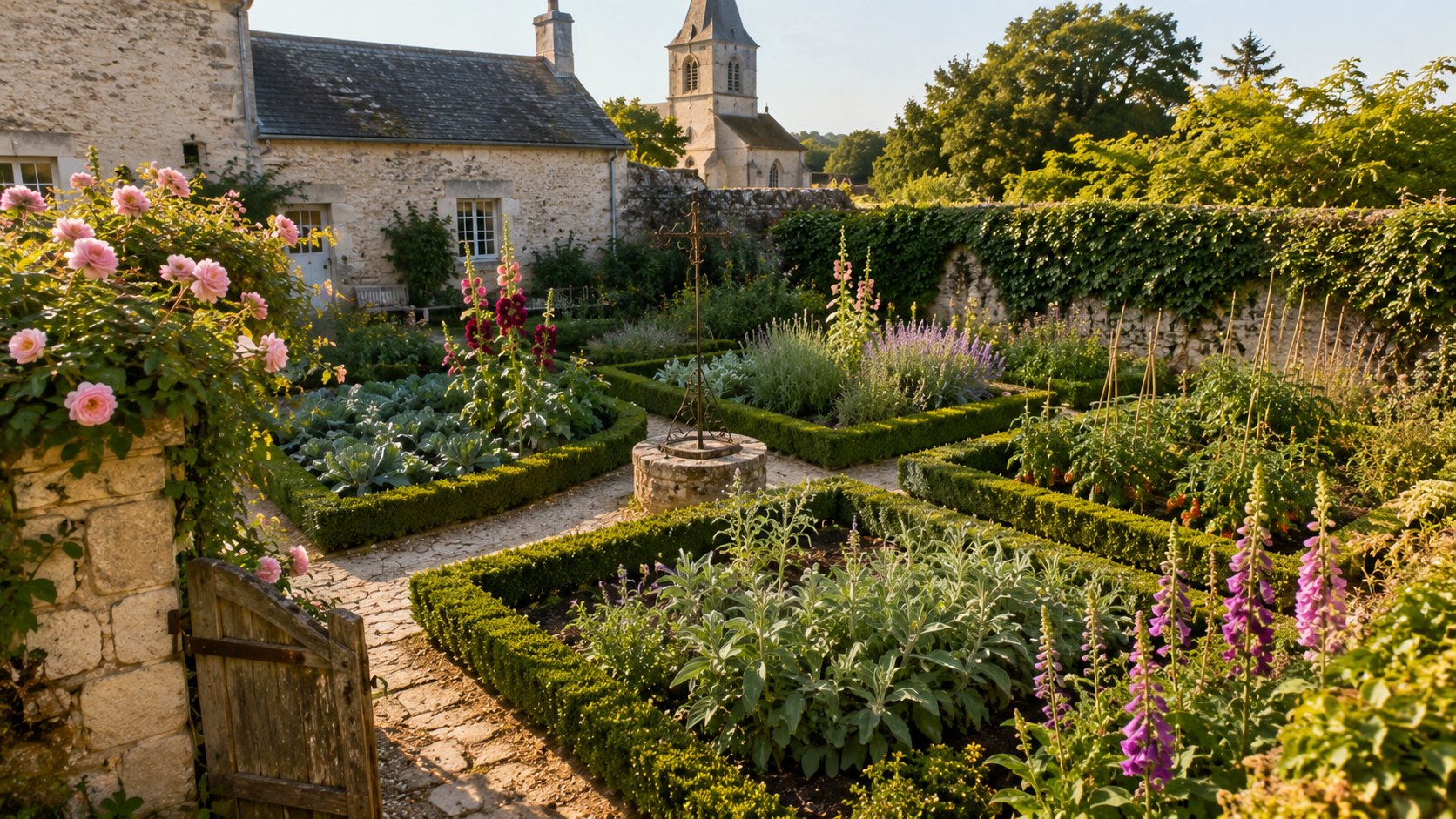 Vue d'ensemble d'un jardin de curé traditionnel avec ses carrés bordés de buis, ses rosiers grimpants sur le mur du presbytère, ses rangs de légumes et ses massifs de fleurs mélangées