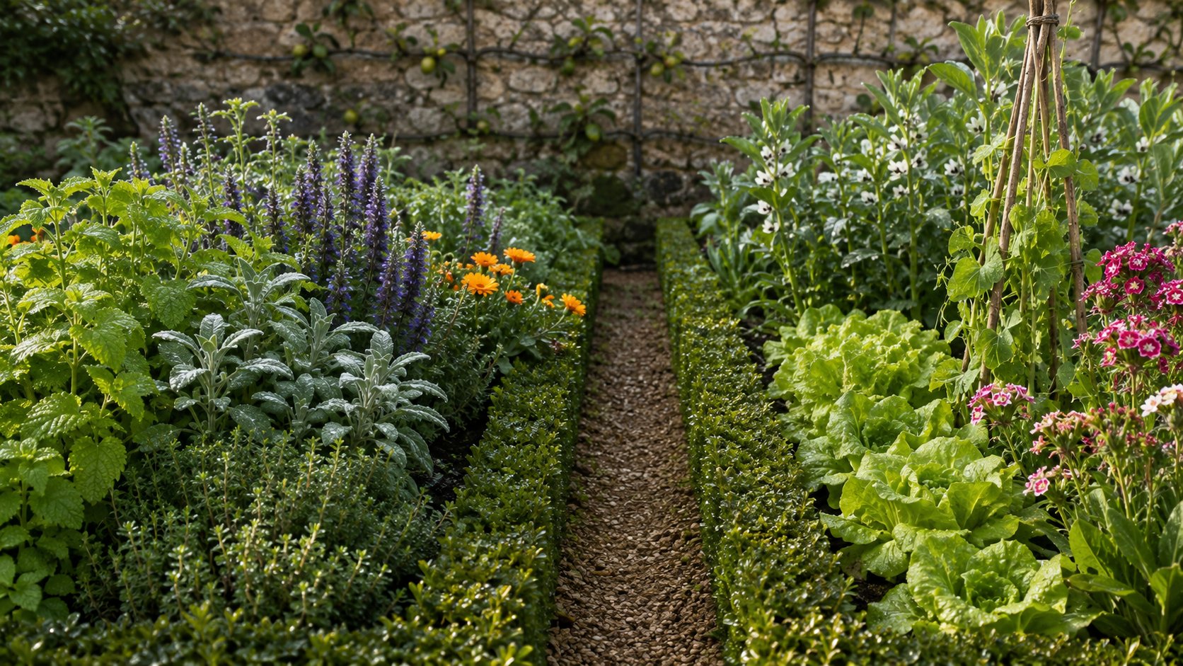 Carrés de jardin de curé vus du dessus, avec des bordures de buis taillé, mélange de plantes médicinales, aromatiques et fleurs : sauge, lavande, soucis, roses, thym
